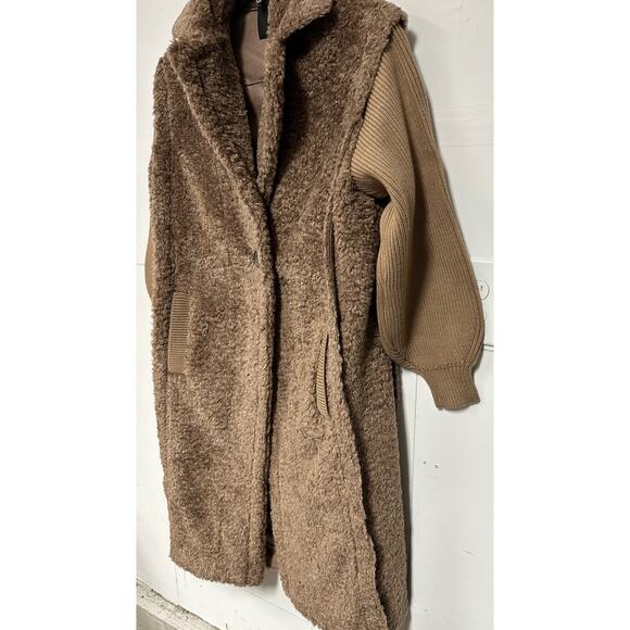Maje Long faux fur curly coat knit sleeves size 40 US Large new with tags - Picture 3 of 5